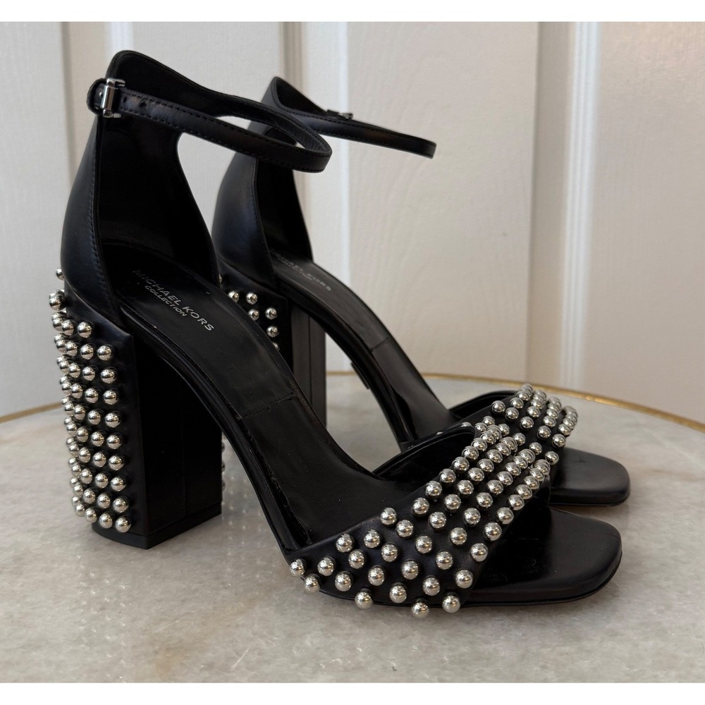 Michael Kors Collection Black‎ Studded Block Heel Ankle Strap Sandals Size 36.5